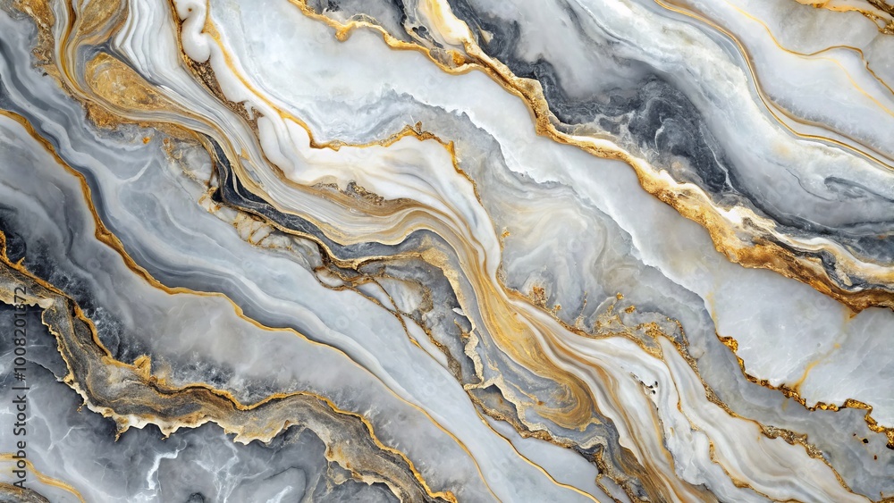 A stunning fluid marble design presents a rich blend of gray, white, and gold veins, evoking a luxurious