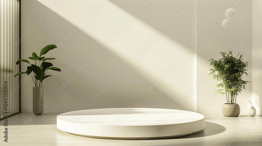 Minimalist interior with round white platform and green plants in natural light Minimalist interior with round white platform and green plants in natural light
