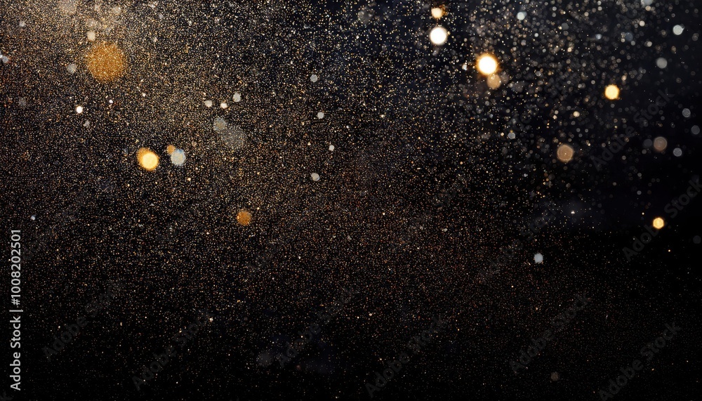 Golden Dust Particles in Motion. Sparkling Cloud of Glittering Light Dots and Flecks Against a Dark Background, Creating a Cosmic, Ethereal Effect in a Night Sky Like Atmosphere Golden Dust Particles in Motion. Sparkling Cloud of Glittering Light Dots and Flecks Against a Dark Background, Creating a Cosmic, Ethereal Effect in a Night Sky Like Atmosphere