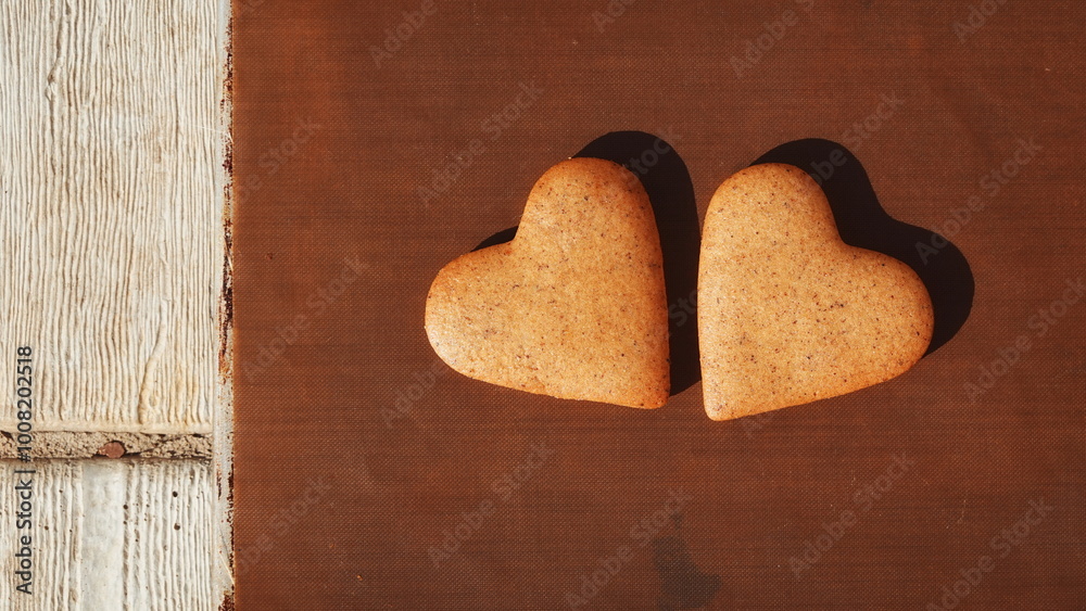 Obraz premium Cookies Heart-Shaped Top View Warm Brown Background