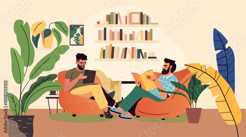 Two men relaxing reading indoors cozy living room plants bookshelves modern home decor