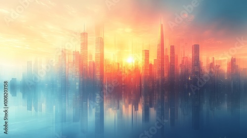 A stunning image of modern skyscrapers in a smart city, showcasing a futuristic financial district with sleek buildings reflecting the blue sky. The composition is enhanced by warm sun rays