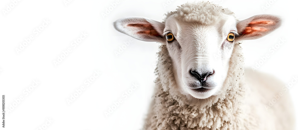 Fototapeta premium Close up view of sheep featured in a studio setting with a white background ideal for incorporating a copy space image