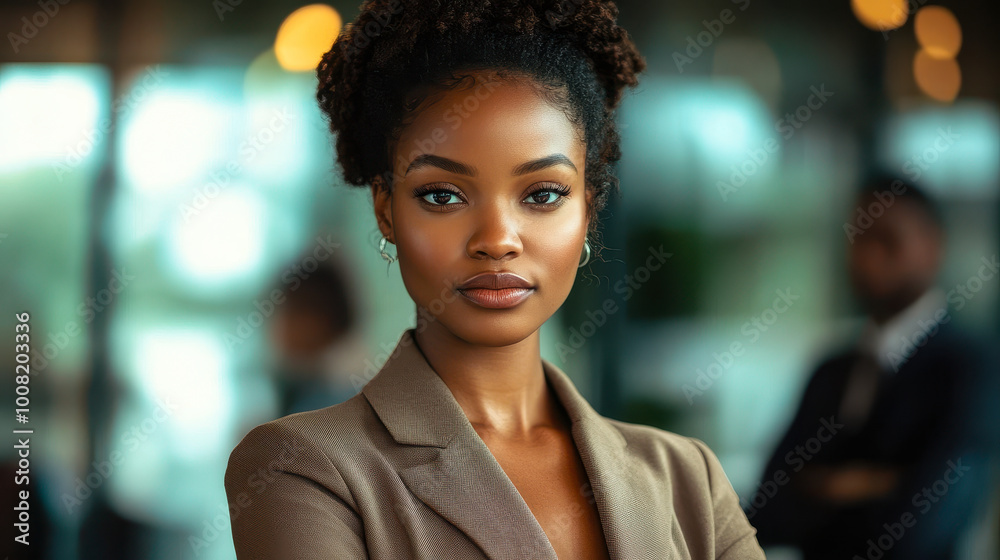 Confident African American Businesswoman with Professional Attire in Modern Office Setting Demonstrating Leadership and Empowerment Confident African American Businesswoman with Professional Attire in Modern Office Setting Demonstrating Leadership and Empowerment
