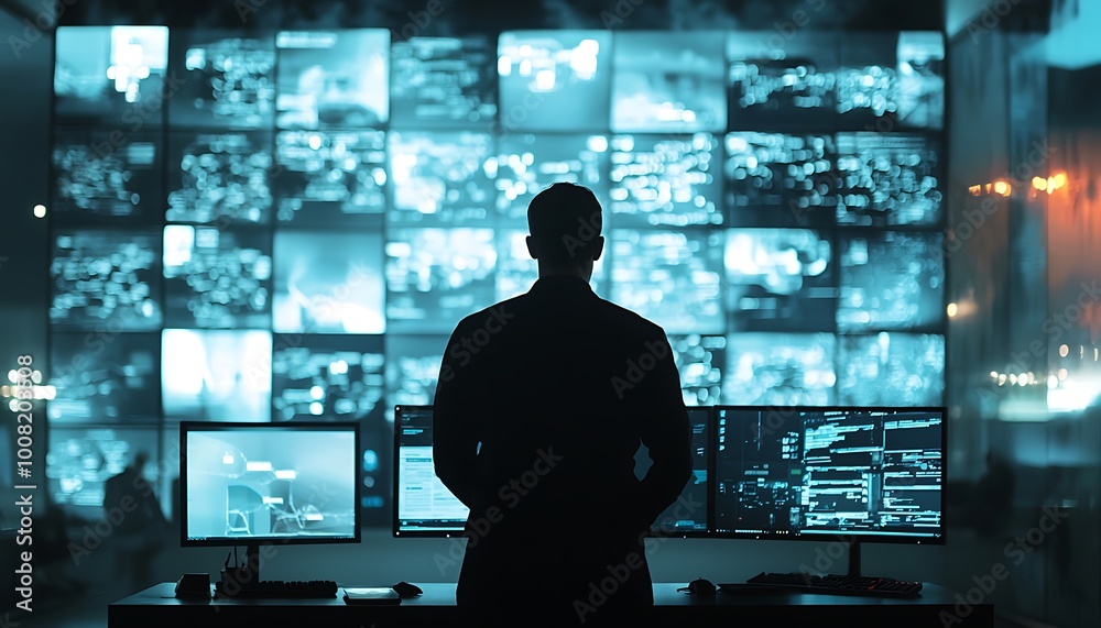 Digital safeguarding by a security officer watching over a computer network. Digital safeguarding by a security officer watching over a computer network.