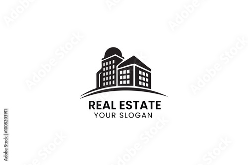 Modern real estate logo design with buildings and slogan