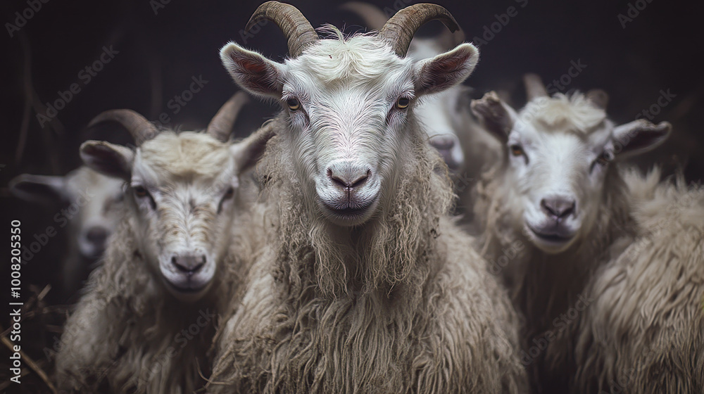 Obraz premium Group of Four Curious Goats Staring Directly at Camera, Captured in Low Light, Showcasing Fluffy White Fur and Intriguing Expressions