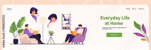 Family reading at home cozy interior with plants bookshelves modern flat design website template