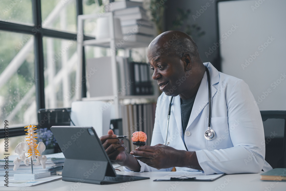 Senior doctor is using a human brain anatomical model while explaining something to a patient during a video call on a tablet Senior doctor is using a human brain anatomical model while explaining something to a patient during a video call on a tablet