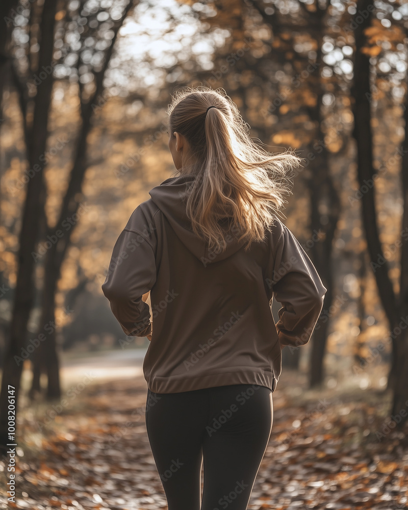 A female interested in sports, jogging slowly, view from the back, autumn city park A female interested in sports, jogging slowly, view from the back, autumn city park