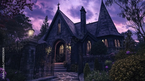 Gothic home exterior at twilight with steep gabled roof, pointed arch windows, intricate stonework, wrought iron gate, and moody purple sky. Dramatic uplighting effect. photo