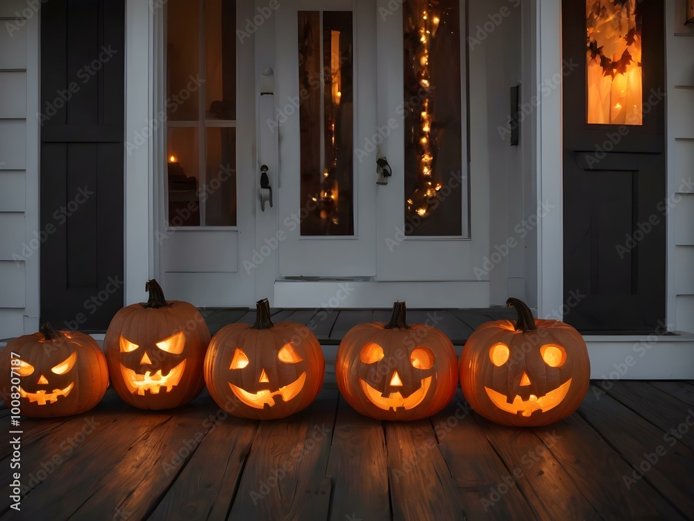 Obraz premium A row of jack-o’-lanterns on a wooden porch, with warm, eerie candlelight glowing inside each pumpkin, casting shadows on the walls