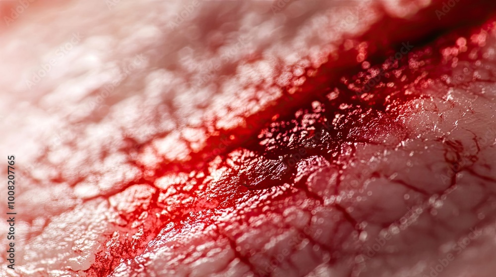 Close-up of a wound on skin showcasing intricate details of texture and blood, highlighting the fragility of human tissue. Close-up of a wound on skin showcasing intricate details of texture and blood, highlighting the fragility of human tissue.
