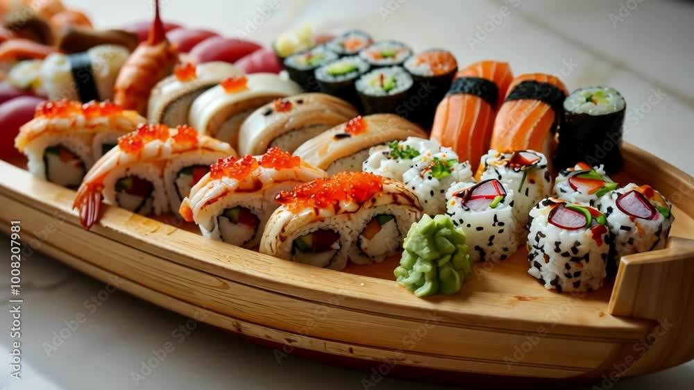 A vibrant presentation of assorted sushi rolls on a wooden platter, highlighting freshness, culinary artistry, and tempting flavors A vibrant presentation of assorted sushi rolls on a wooden platter, highlighting freshness, culinary artistry, and tempting flavors