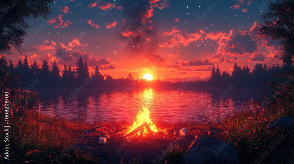 A serene sunset by a lake with a campfire in the foreground. A serene sunset by a lake with a campfire in the foreground.