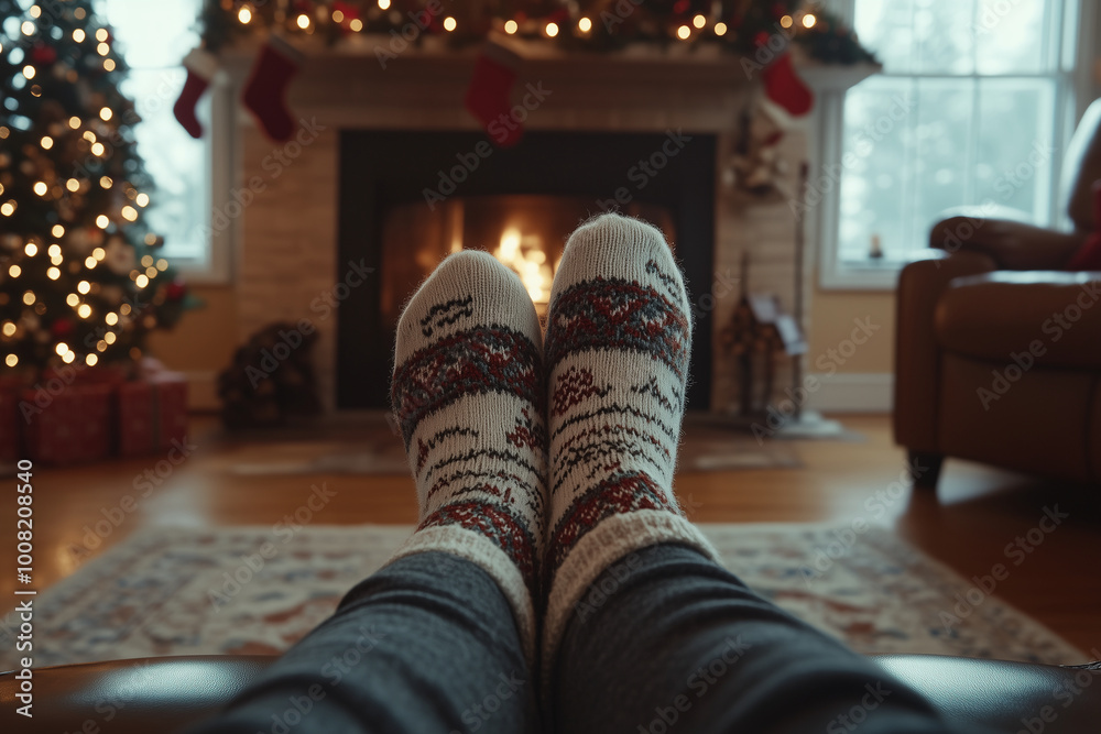 POV feet in warm socks laying with Christmas decorations and a fireplace in the background