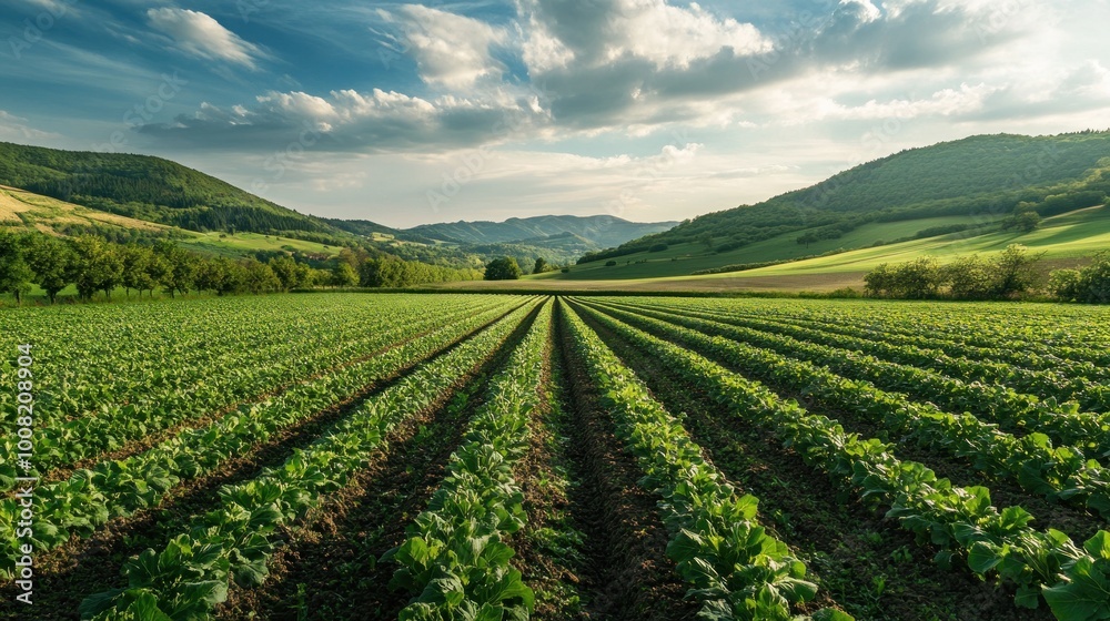 A picturesque landscape featuring rows of crops under a cloudy sky with rolling hills.