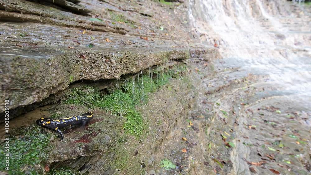 The waterfall and the fire salamander (Salamandra salamandra) The waterfall and the fire salamander (Salamandra salamandra)