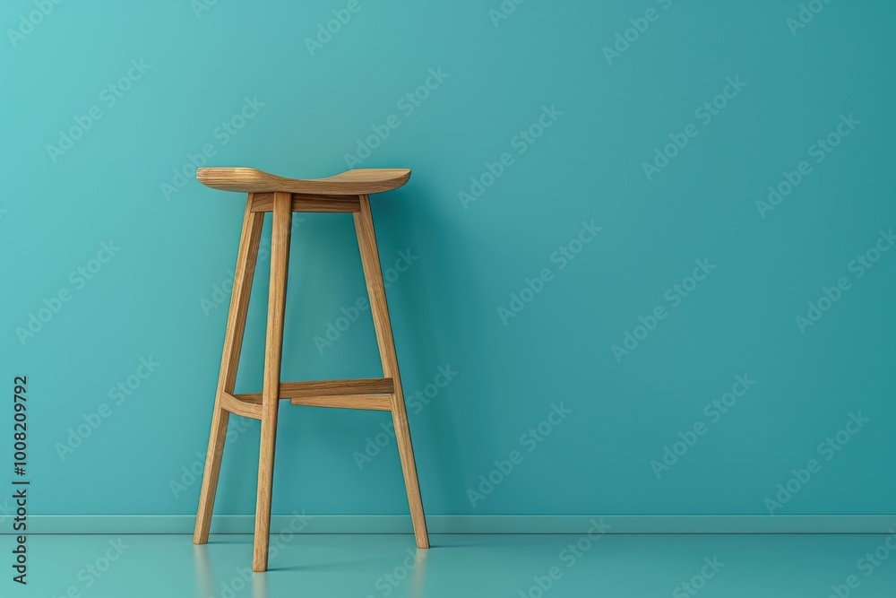 A minimalist wooden stool against a vibrant turquoise wall in a modern space, creating a serene and stylish ambiance A minimalist wooden stool against a vibrant turquoise wall in a modern space, creating a serene and stylish ambiance