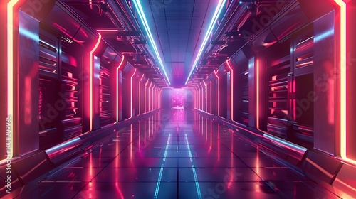 Fototapeta Naklejka Na Ścianę i Meble -  A futuristic neo-retro illustration of a space station with sleek, metallic surfaces and retro-futuristic elements like neon accents and bold geometric designs. 8k UHD, suitable for high-quality 