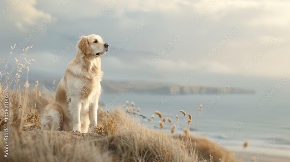 A Golden Retriever standing on a cliff overlooking the ocean. A Golden Retriever standing on a cliff overlooking the ocean.