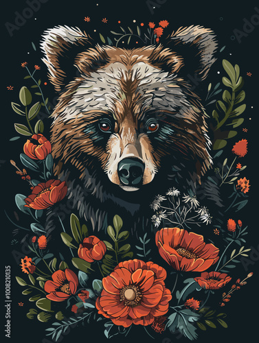 A bear is surrounded by flowers and leaves, with a red flower in the foreground. The bear is the main focus of the image, and the flowers and leaves add a natural and colorful touch to the scene