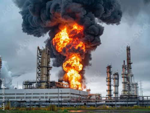 Big flame of fire and black smoke, explosion in an industrial oil refinery factory building - ai