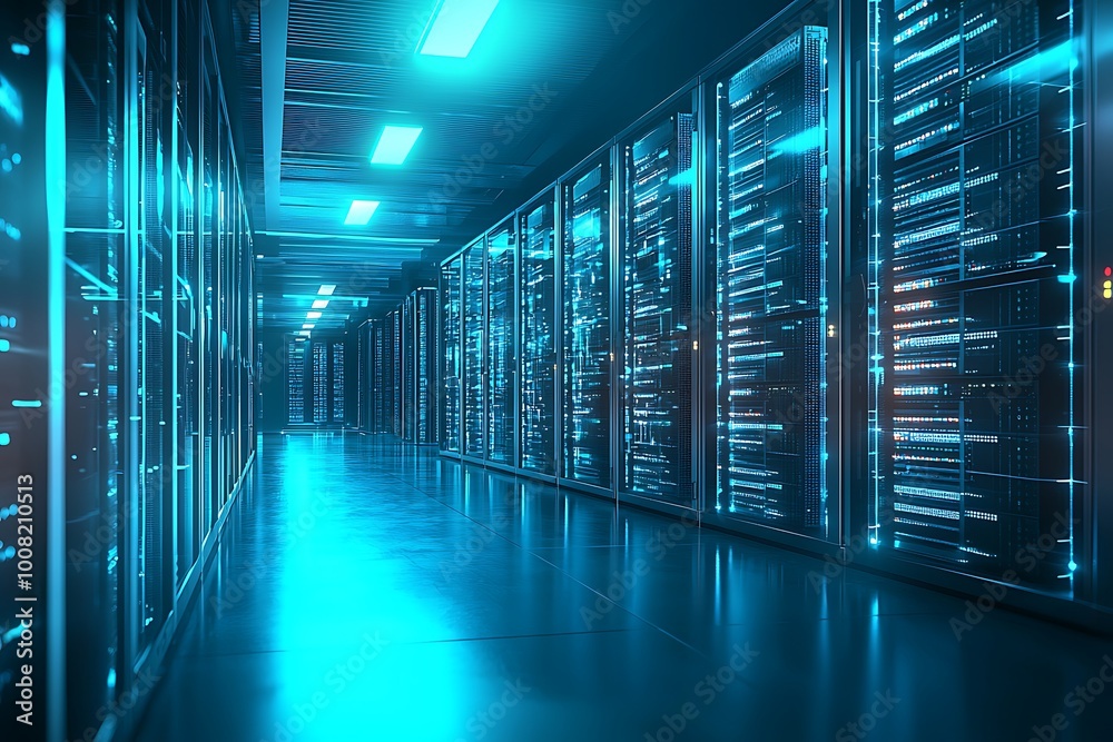 Contemporary data center showing server racks in soft blue light, indicating modern technology.