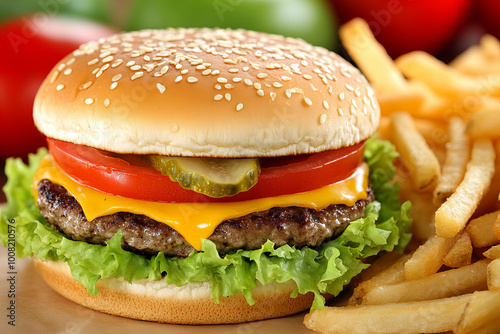 Delicious classic burger cheeseburger with crispy fries, featuring fresh lettuce, juicy beef patty, melted cheddar, pickles, and tomato in a sesame seed bun for the ultimate comfort food meal.