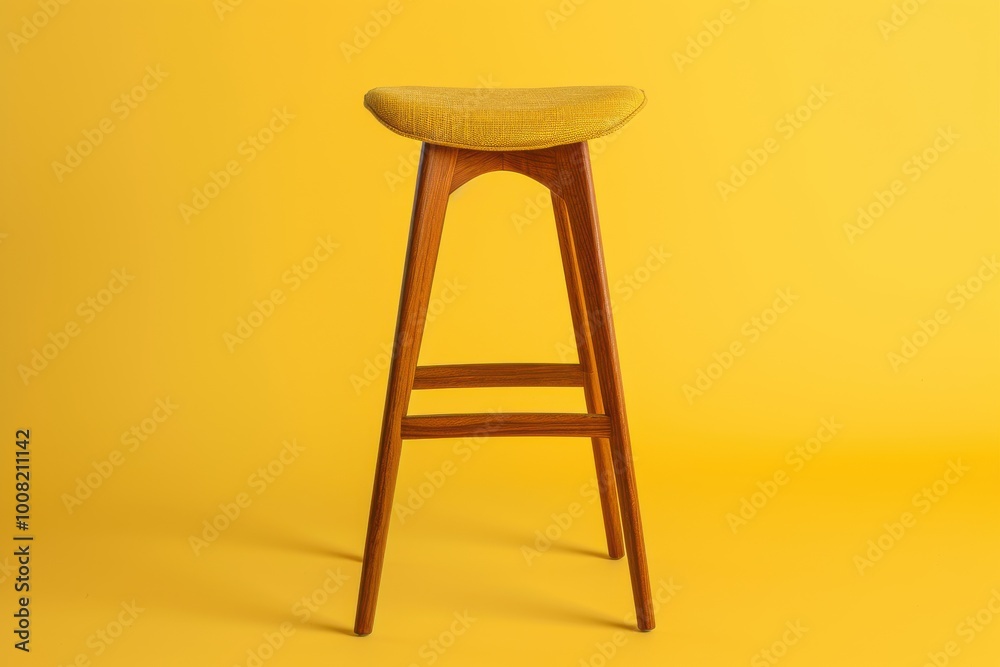 A vibrant yellow background highlights a stylish wooden bar stool with a cushioned seat, perfect for adding modern elegance to any space A vibrant yellow background highlights a stylish wooden bar stool with a cushioned seat, perfect for adding modern elegance to any space