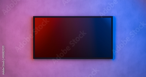 3D Rendering, Realistic empty LCD Television mock up on the house wall , pink and blue neon lighting, futuristic style.
