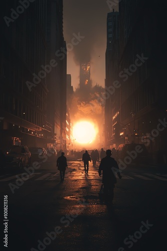 A powerful portrayal of an explosion in the distance illuminating a darkened city skyline, with shadows of people fleeing the chaos, encapsulating the fear of impending doom