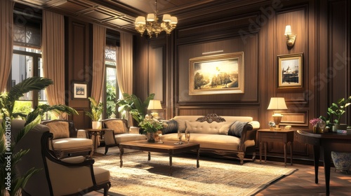 A stylish living room, created using computer graphics.