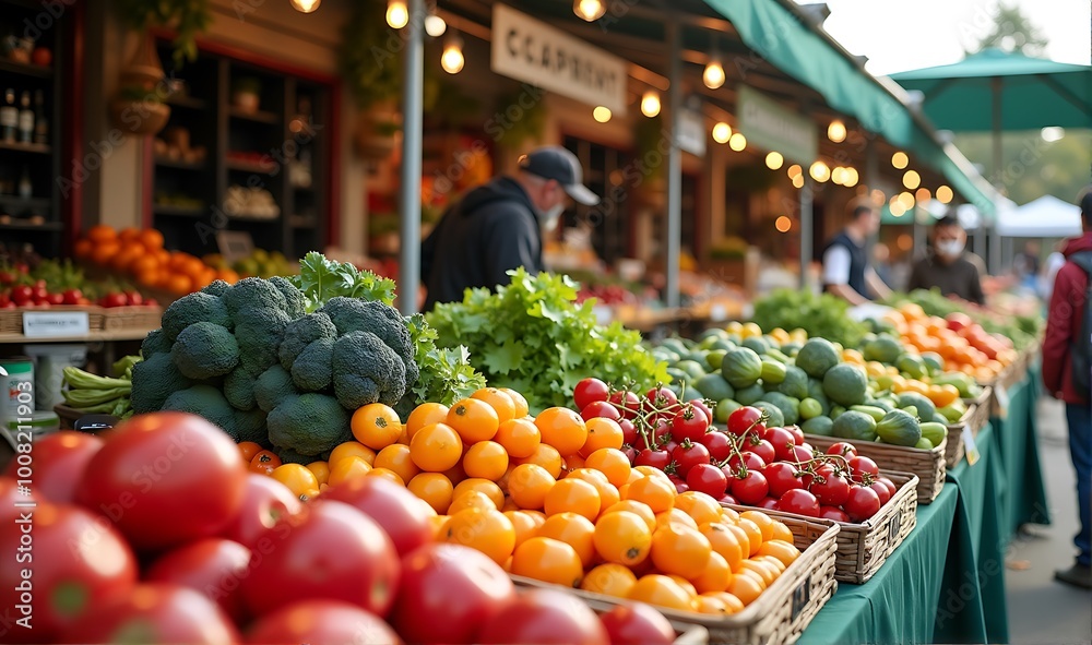 Vibrant farmers market with a variety of fresh vegetables and fruits, creating a lively and colorful atmosphere for background
