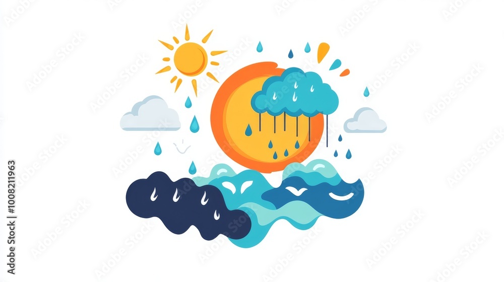 A weather icon showing heavy rain. It also includes a partly cloudy symbol and gloomy clouds on a white background. This flat vector image is a design element for websites or presentations. A weather icon showing heavy rain. It also includes a partly cloudy symbol and gloomy clouds on a white background. This flat vector image is a design element for websites or presentations.