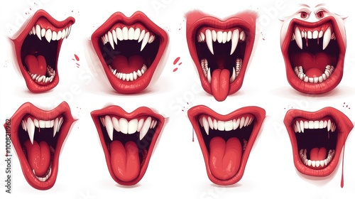 Vampire Fangs Collection: 3D Rendered Illustrations of Open Mouths with Sharp Teeth