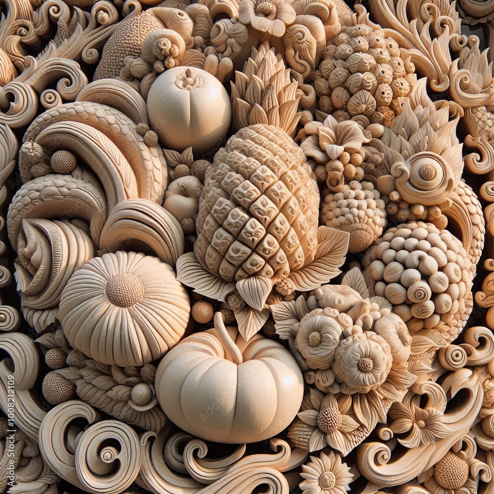 Intricate carvings of fruits representing different cultures