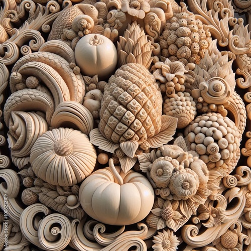 Intricate carvings of fruits representing different cultures