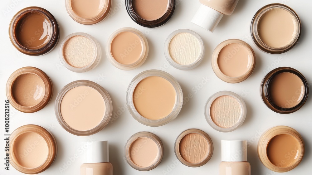 Bottles of makeup foundation,Collection of skin foundation bottles in different shades and samples on color background,makeup essentials,Liquid foundation and swatche,copy space. Bottles of makeup foundation,Collection of skin foundation bottles in different shades and samples on color background,makeup essentials,Liquid foundation and swatche,copy space.