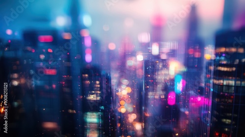 Blurred Cityscape with Neon Lights and Reflections