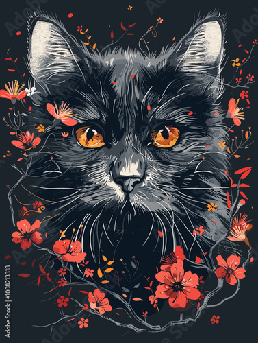 A black cat with orange eyes is surrounded by red flowers. The cat's fur is curled up, and it is looking at the viewer. The image has a warm and inviting mood, with the bright colors of the flowers