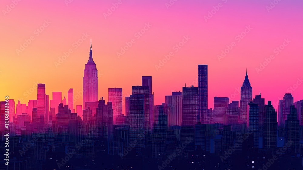 Naklejka premium City Skyline at Dusk with Vibrant Pink and Purple Gradient Sky