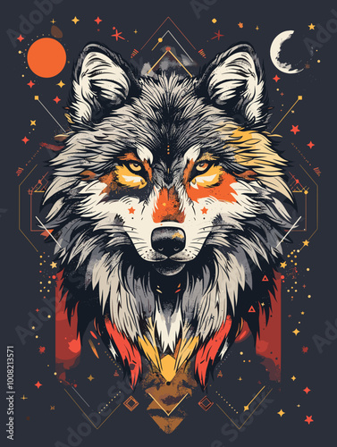 A wolf with a glowing eye is the main subject of this image. The wolf is surrounded by a starry background, which gives the impression of a mystical or otherworldly atmosphere