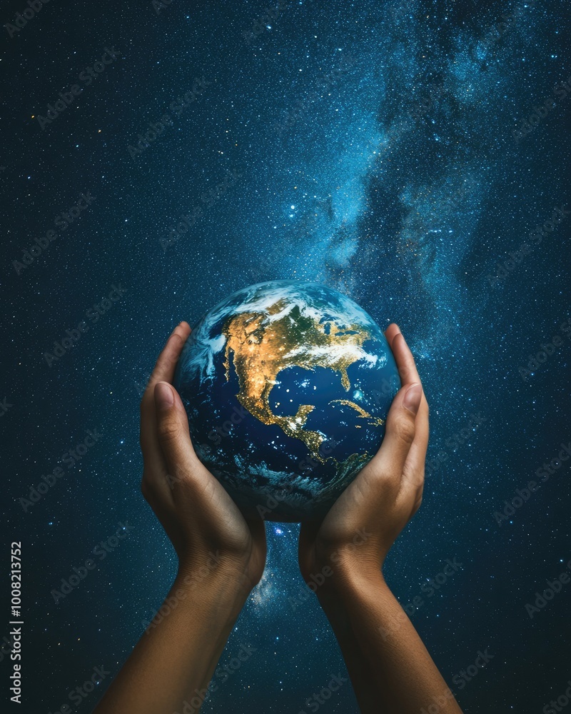 Hands Holding Earth Under Starlit Sky Representing Global Energy Conservation and Sustainability Hands Holding Earth Under Starlit Sky Representing Global Energy Conservation and Sustainability