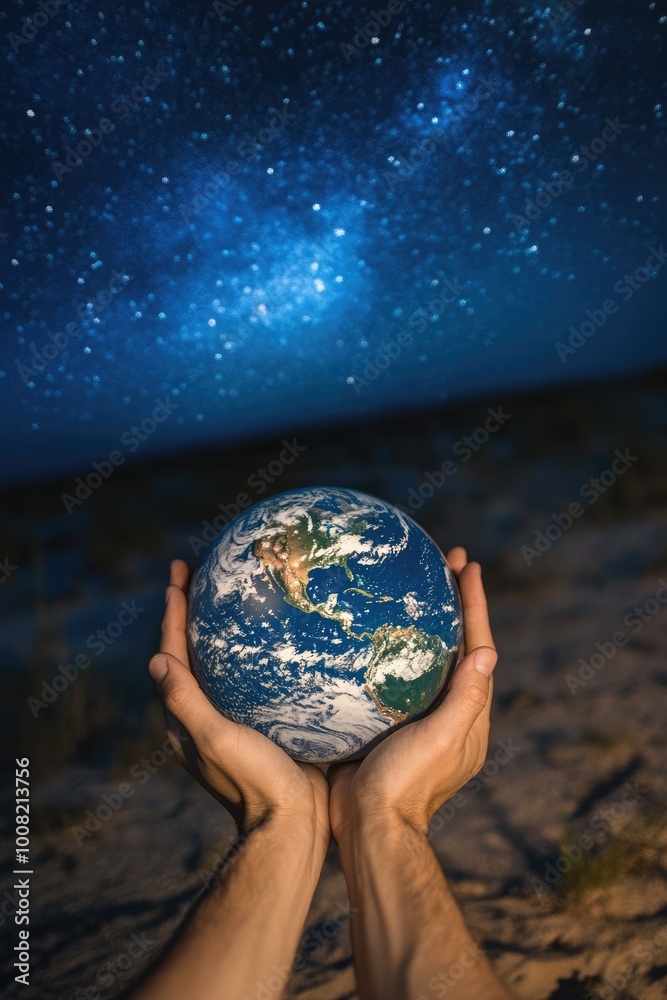 Hands Holding Earth Under Starlit Sky Representing Global Energy Conservation and Sustainability Hands Holding Earth Under Starlit Sky Representing Global Energy Conservation and Sustainability