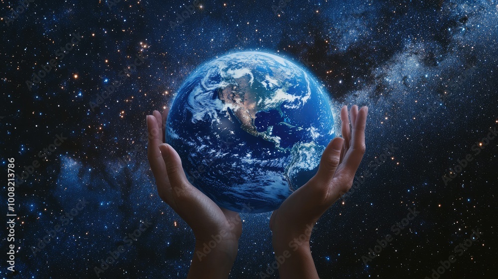 Hands Holding Earth Under Starlit Sky Representing Global Energy Conservation and Sustainability Hands Holding Earth Under Starlit Sky Representing Global Energy Conservation and Sustainability