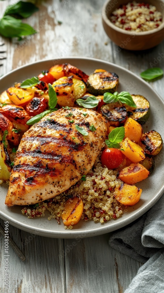 Grilled Chicken Breast with Quinoa and Roasted Vegetables – Healthy Gourmet Plate Featuring Colorful Veggies, Basil Garnish, and Rustic Food Photography Grilled Chicken Breast with Quinoa and Roasted Vegetables – Healthy Gourmet Plate Featuring Colorful Veggies, Basil Garnish, and Rustic Food Photography
