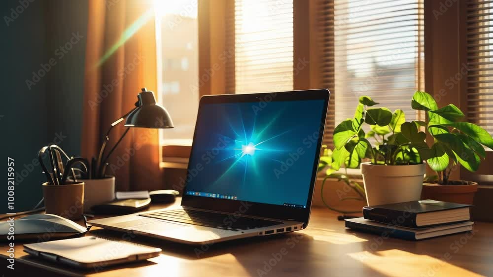 custom made wallpaper toronto digitalA cozy workspace featuring a laptop and plants, illuminated by warm sunlight, conveying productivity and comfort