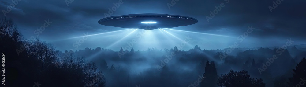 A mysterious UFO hovers over a dark forest, illuminated by beams of light in a tranquil night scene, evoking curiosity and wonder. A mysterious UFO hovers over a dark forest, illuminated by beams of light in a tranquil night scene, evoking curiosity and wonder.