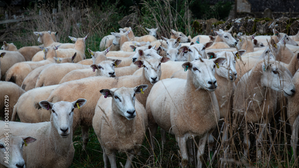 Fototapeta premium A flock of sheep in Cutsdean, England
